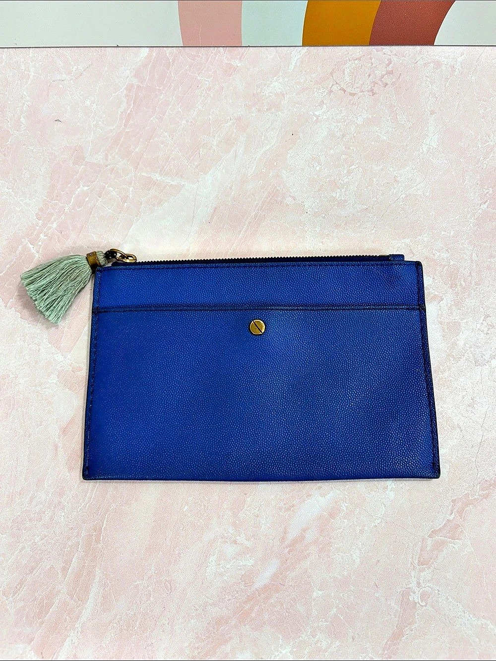 J.Crew Blue Leather Tassel Clutch 8”x5” Zip Top, Snap Pocket